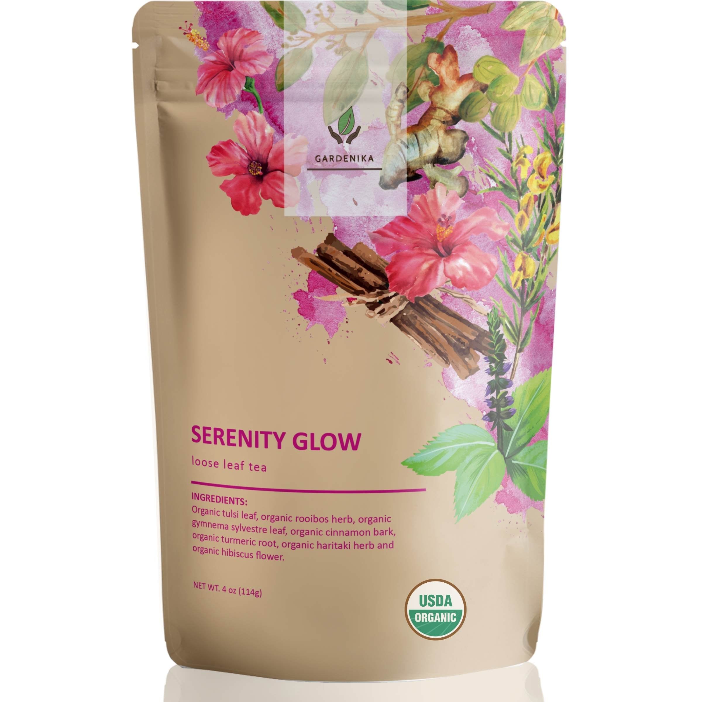 Gardenika Organic Serenity Glow Herbal Tea with Tulsi & Rooibos, Metabolism Support - Stress Relief - Caffeine Free - 55+ Cups - USDA Organic & Kosher - 4 oz (113g)