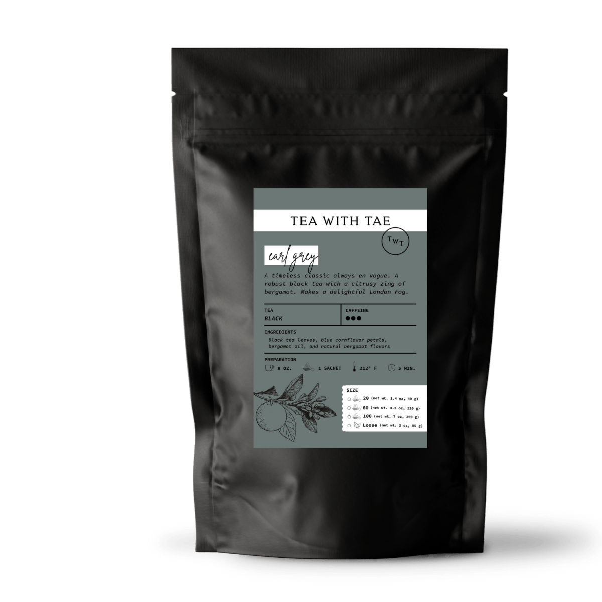 Tea with Tae Earl Grey Pouch, a loose leaf tea packaging featuring a stylish design for brewing Earl Grey tea.