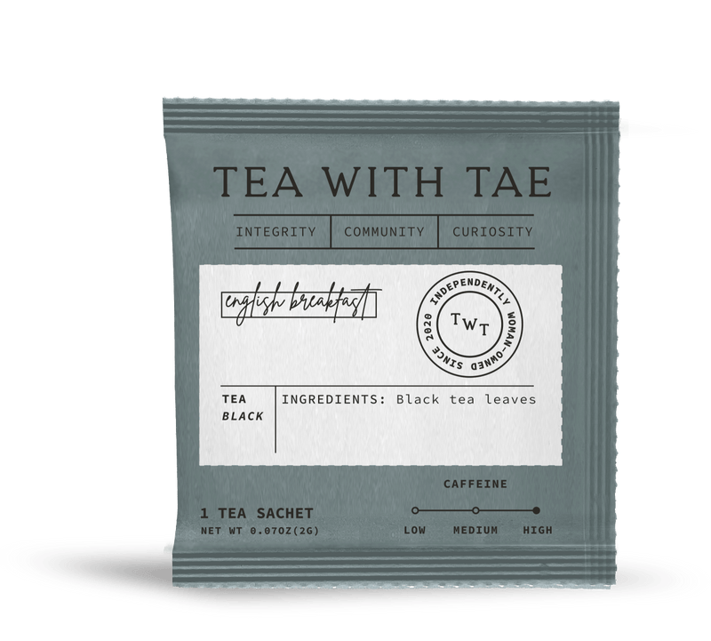 Tea with Tae English Breakfast 50 ct. Overwrap Bag featuring bulk individually-wrapped tea bags and pyramid sachets for single-serve use.