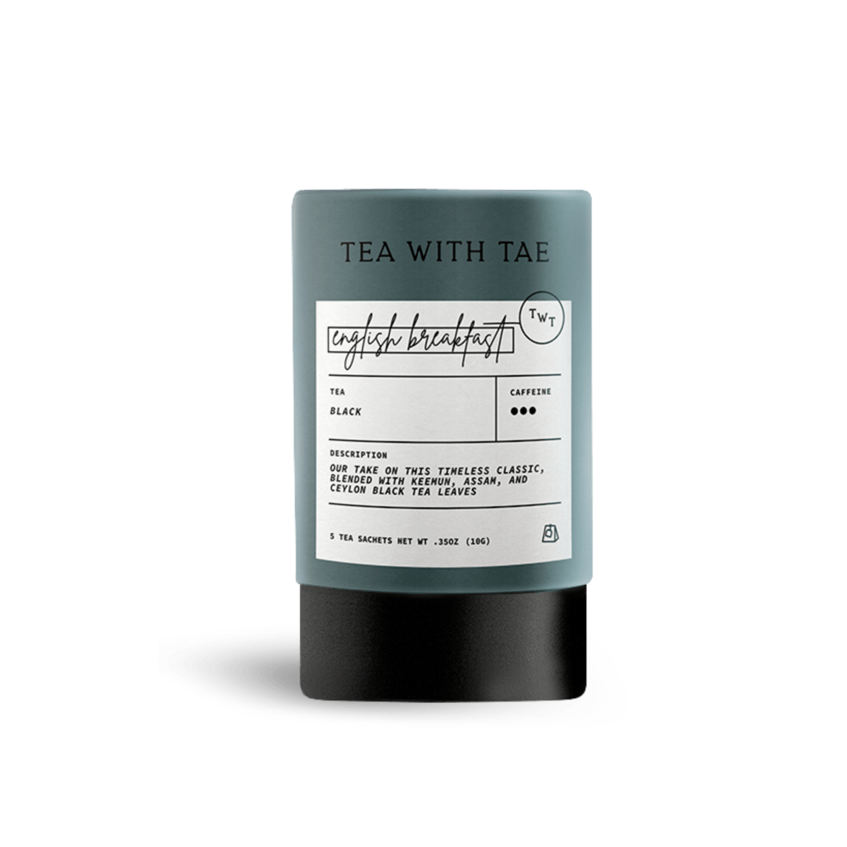 Tea with Tae English Breakfast Mini Tea Tube (5 tea bags) featuring eco-friendly tea pyramid sachets in a compact tube.