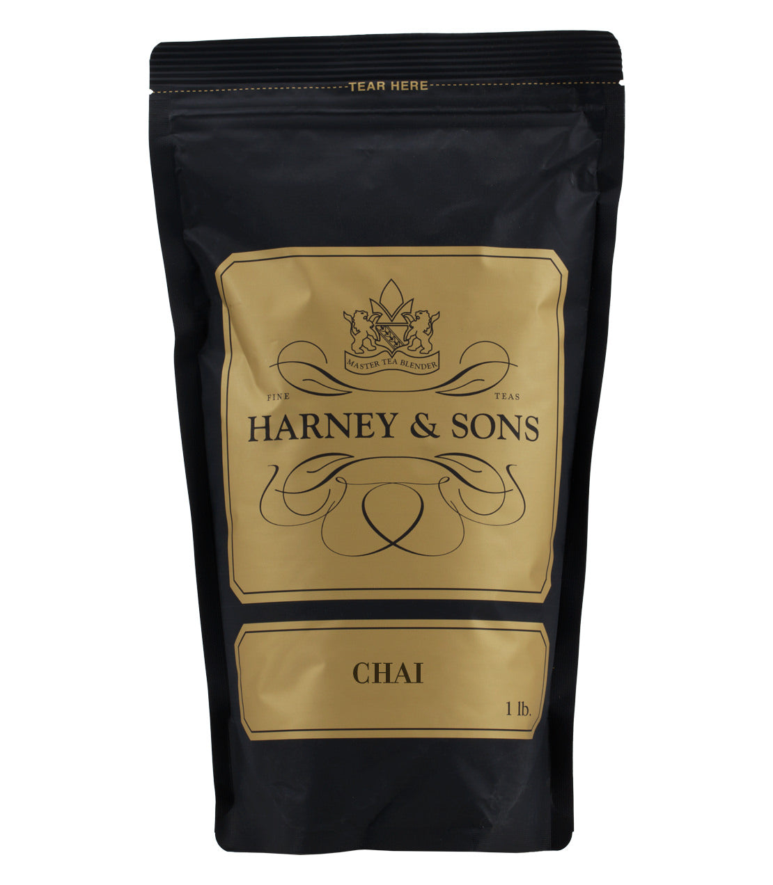 Harney & Sons Chai by Harney & Sons, showing a box of tea with a dark background and loose tea leaves.