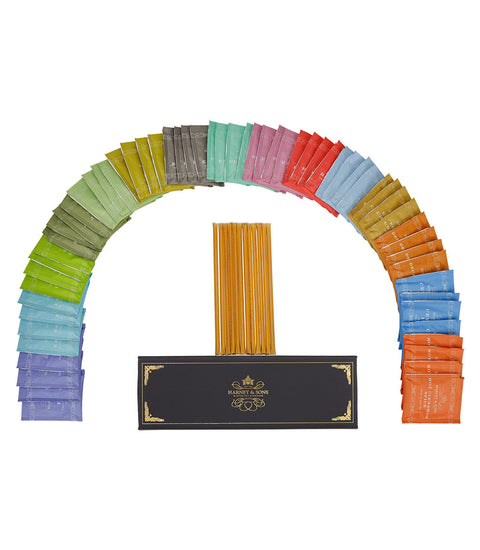 Harney & Sons Teabag & Honey Sampler featuring 60 teabags and 10 honey sticks in a black and gold gift box.
