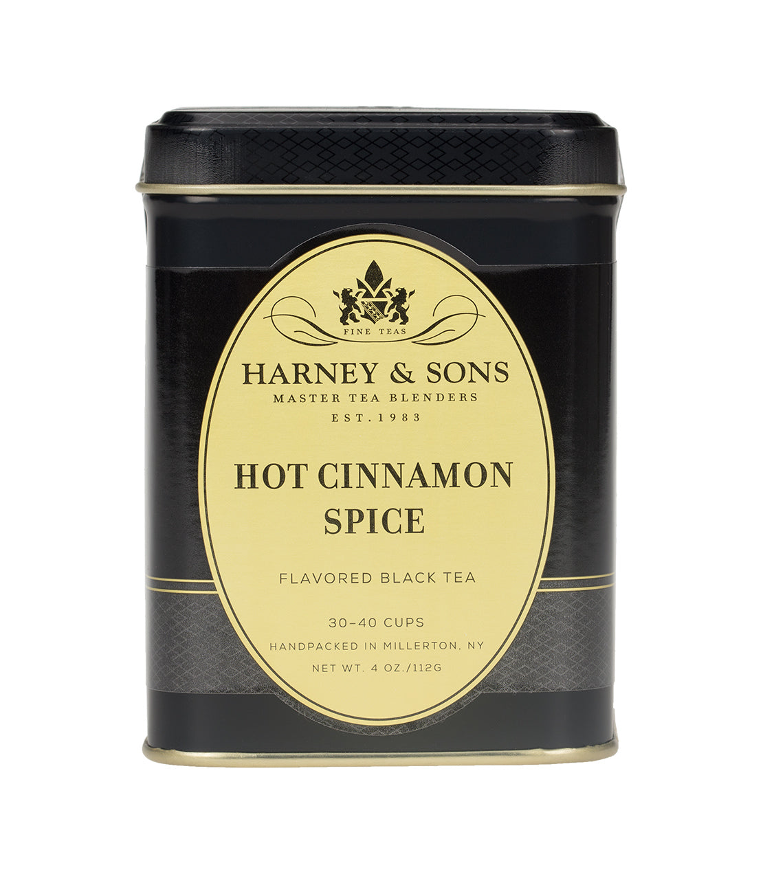 Harney & Sons Hot Cinnamon Spice tea box with vibrant packaging on a neutral background, by Harney & Sons.