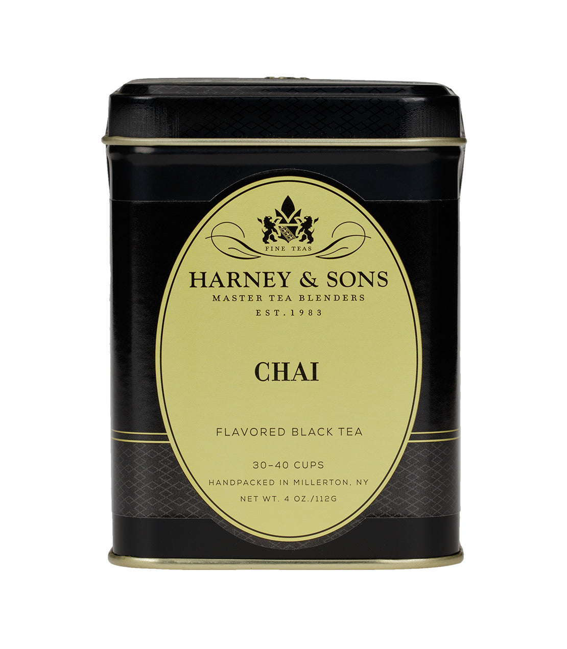 Harney & Sons Chai tea packaging displayed, featuring the Harney & Sons brand logo on a product box.
