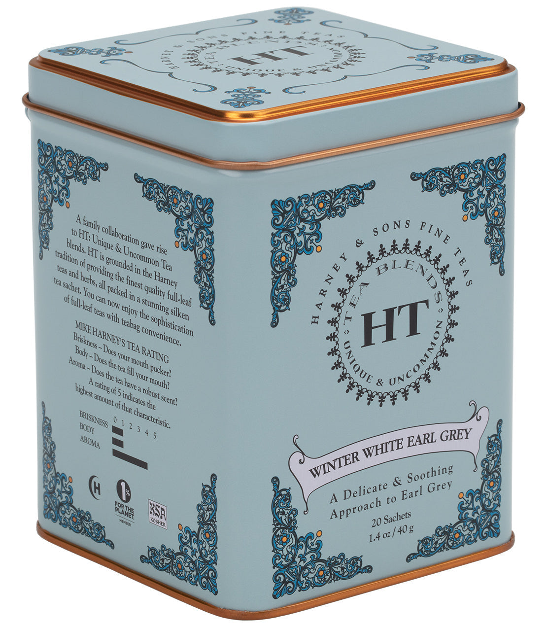 Harney & Sons Winter White Earl Grey, HT Tin of 20 Sachets, containing tea sachets with Mutan White Tea blend.