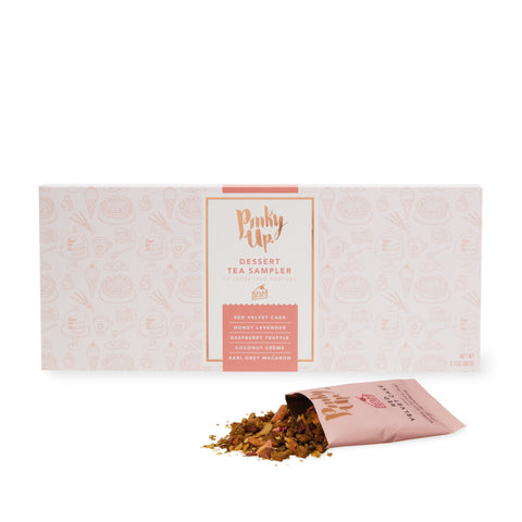 Pinky Up Dessert Loose Leaf Tea Sampler with 15 packets, featuring Red Velvet Cake, Coconut Crème, Raspberry Truffle, and more.