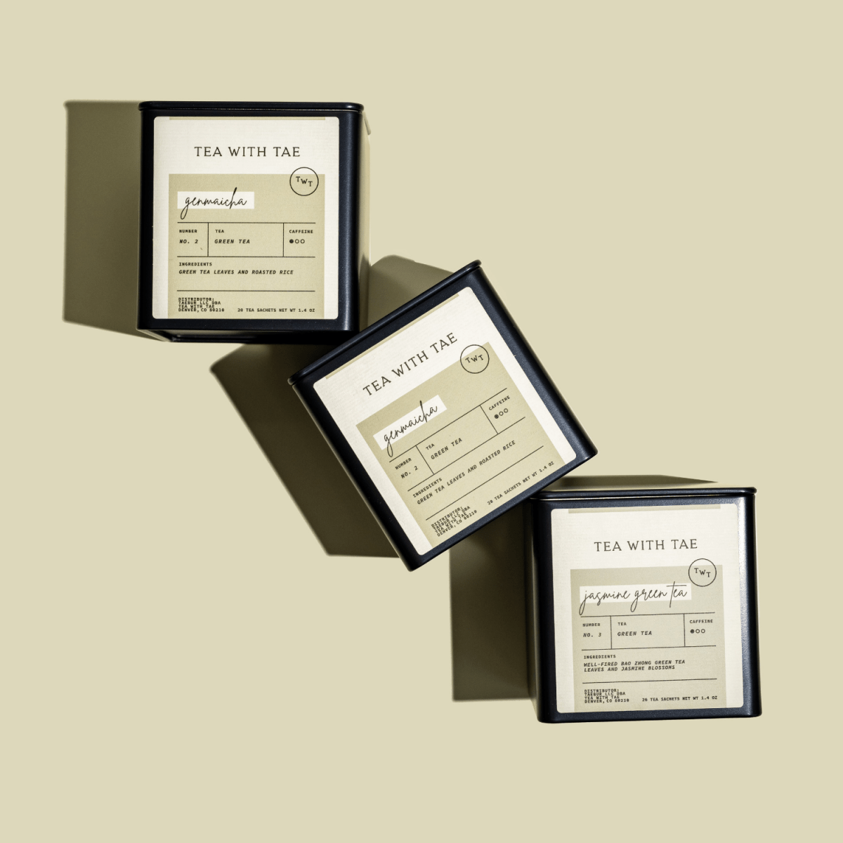 Tea with Tae Genmaicha Tea Tin Gift (20 tea sachets) by Tea with Tae, featuring a green tea tin with sachets displayed.