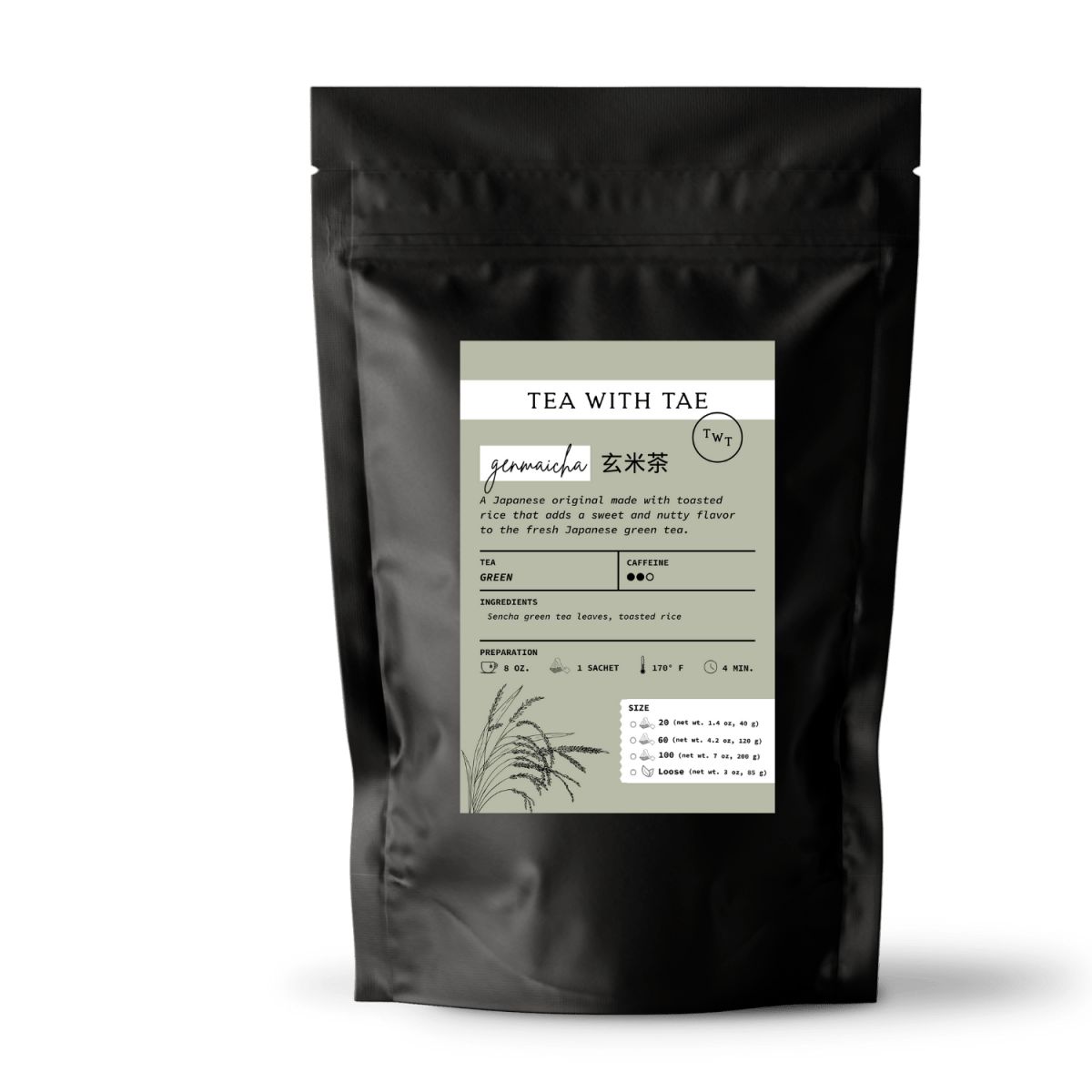 Tea with Tae Genmaicha (Traditional Japanese Green Tea) Pouch featuring a green tea blend with roasted brown rice.