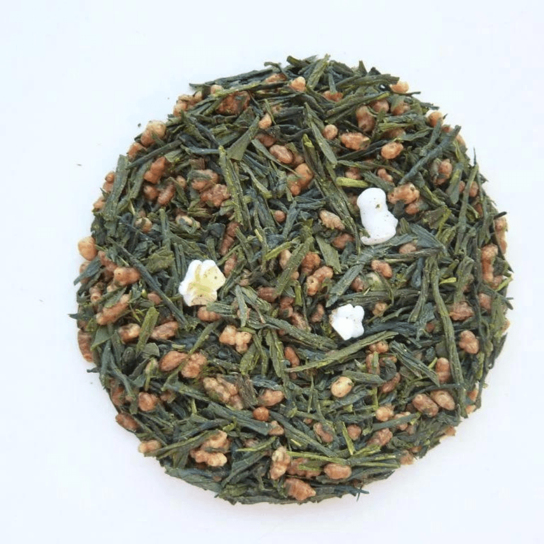 Tea with Tae Genmaicha (Traditional Japanese Green Tea) Pouch, showing a green tea pouch with branding from Tea with Tae.