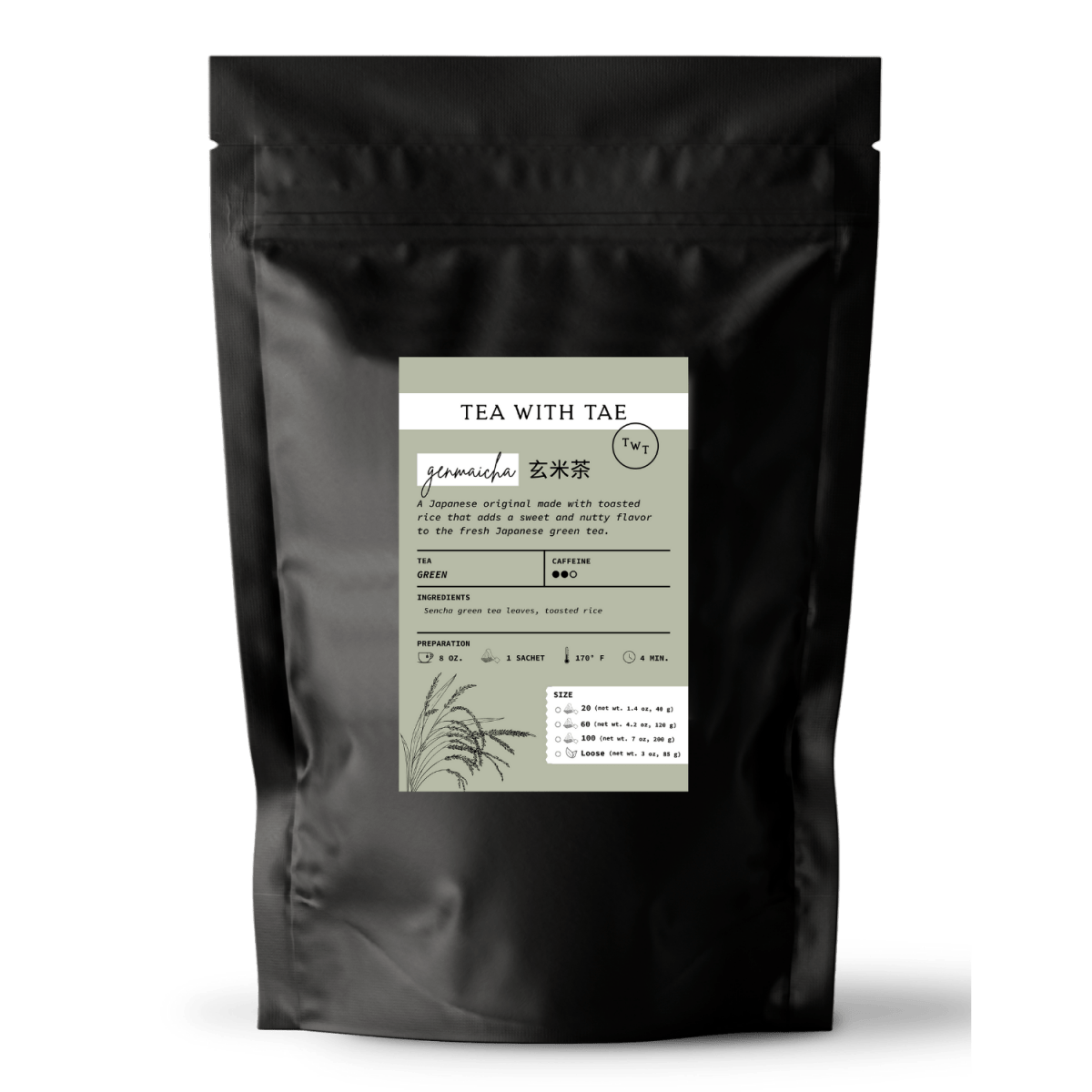 Tea with Tae Genmaicha (Traditional Japanese Green Tea) Pouch featuring green tea leaves in a sealed pouch.