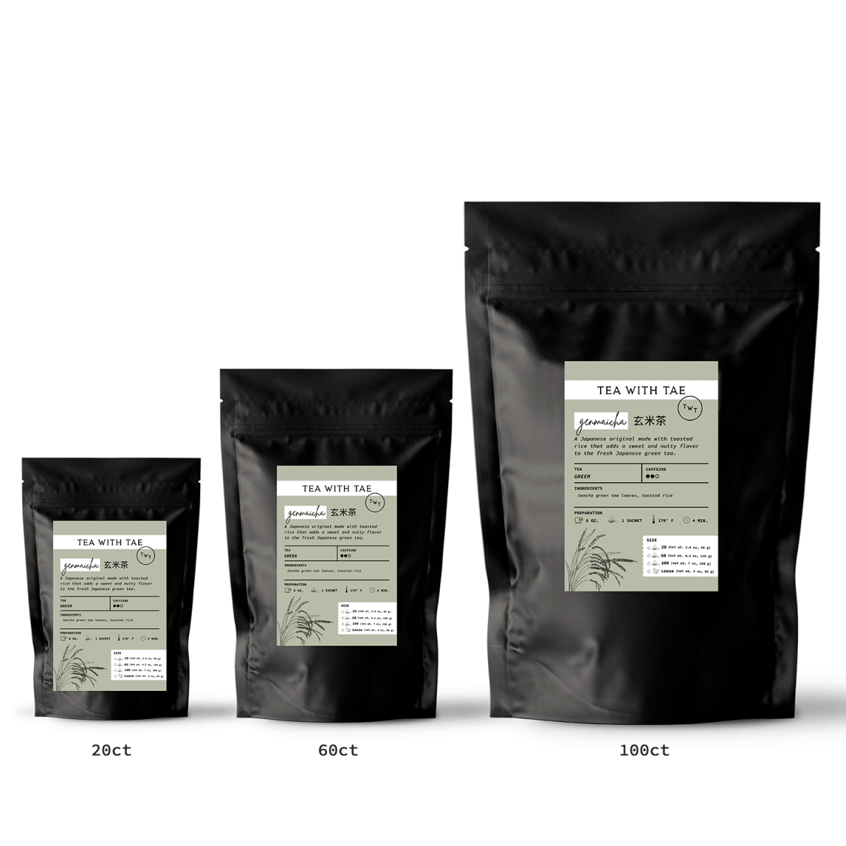 Tea with Tae Genmaicha (Traditional Japanese Green Tea) Pouch, featuring eco-friendly tea pyramid sachets with green tea and toasted rice.