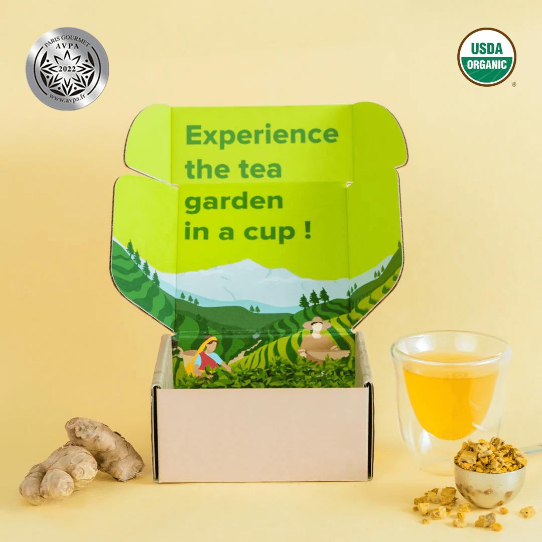 Golden Turmeric Ginger by Nepal Tea in a package, featuring bright yellow turmeric and ginger root visuals.