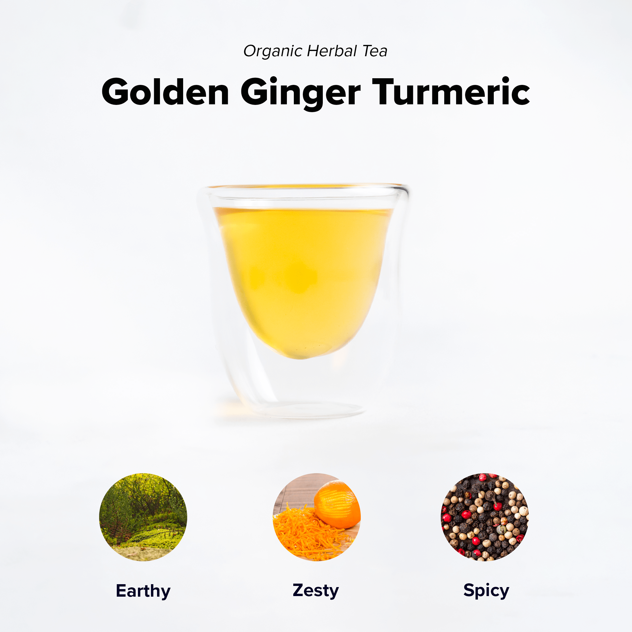 Golden Turmeric Ginger by Nepal Tea, showcasing a vibrant yellow-orange spice blend in a clear jar against a neutral background.