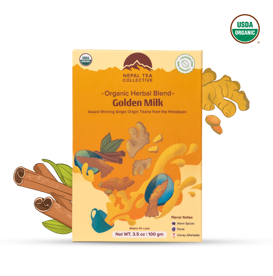 Organic Golden Milk by Nepal Tea in a bowl, featuring a yellow blend of turmeric and cinnamon, with a rustic background.