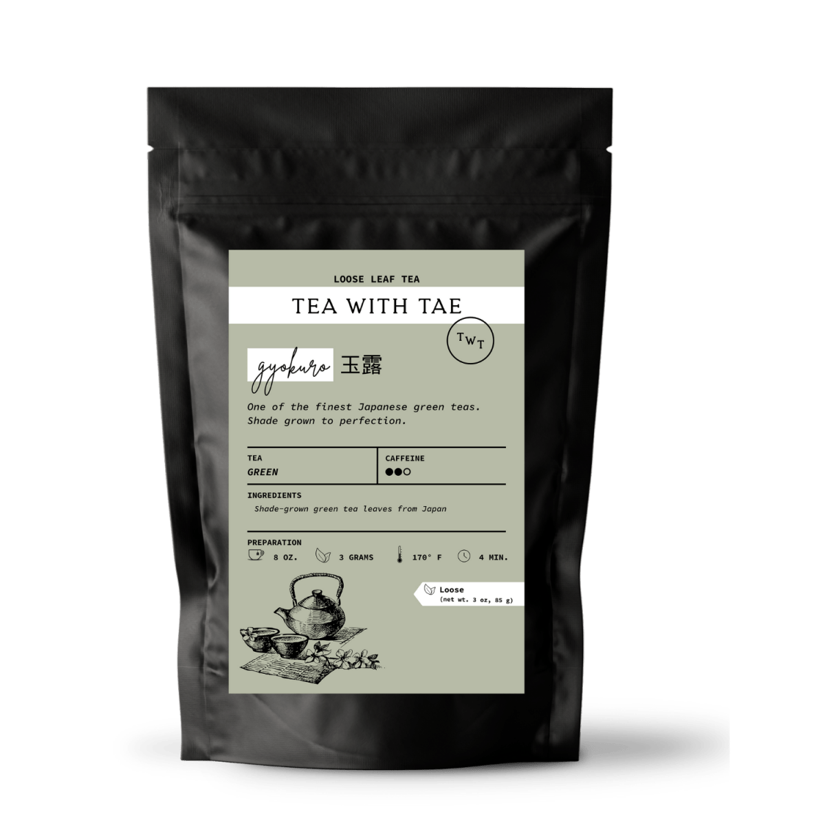 Tea with Tae Gyokuro Loose Leaf Green Tea Pouch (3oz. or 1lbs.) displayed in a pouch, featuring loose leaf green tea from Japan.