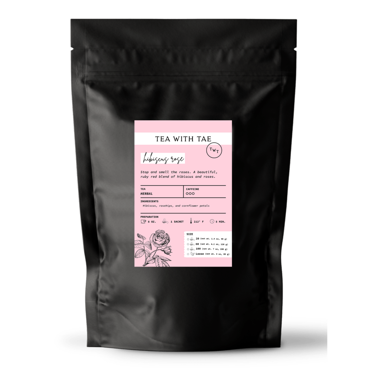 Tea with Tae Hibiscus Rose Pouch - a vibrant pouch containing hibiscus and rose tea blend from Tea with Tae.