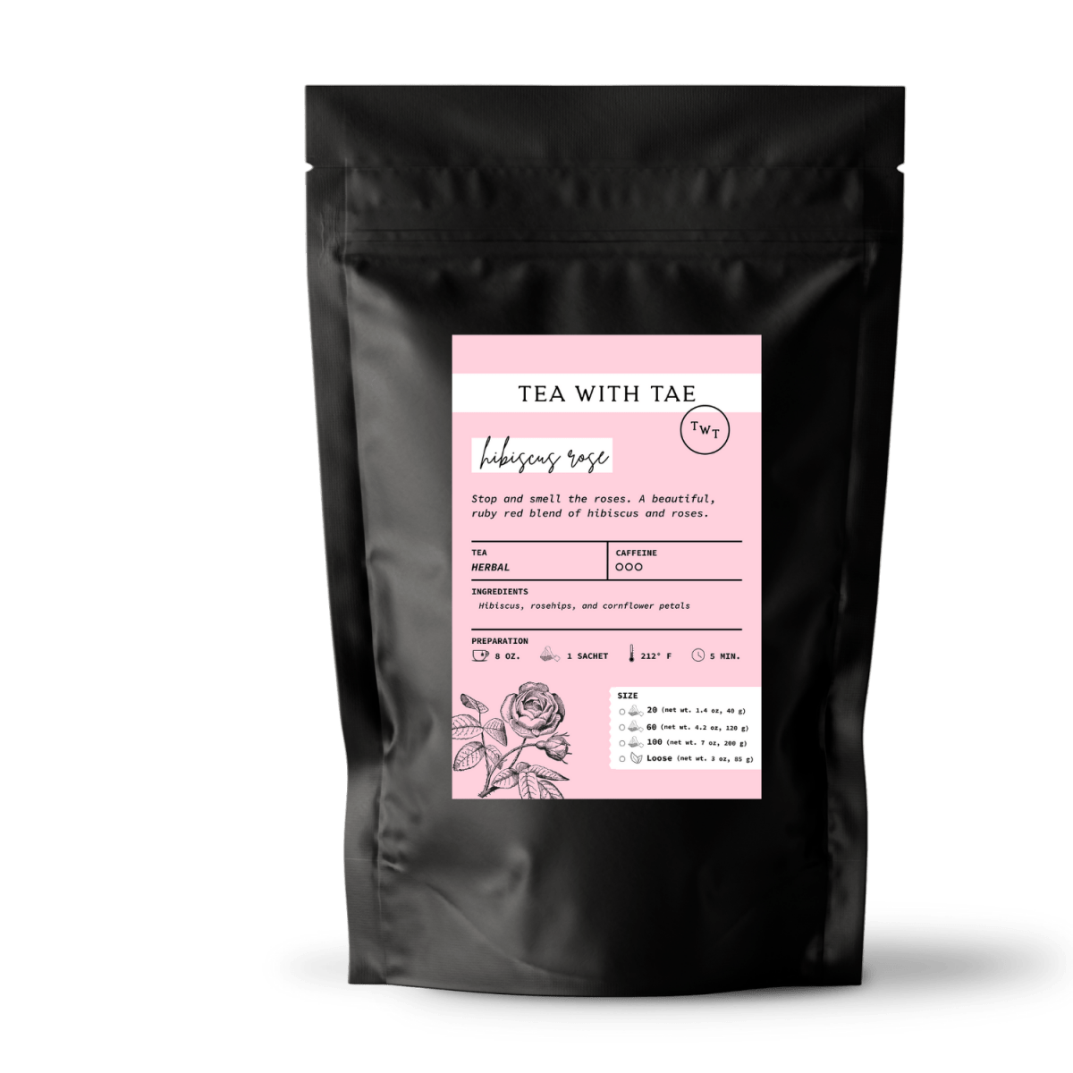 Tea with Tae Hibiscus Rose Pouch, featuring a vibrant blend of hibiscus and rose, packaged in an attractive pouch.