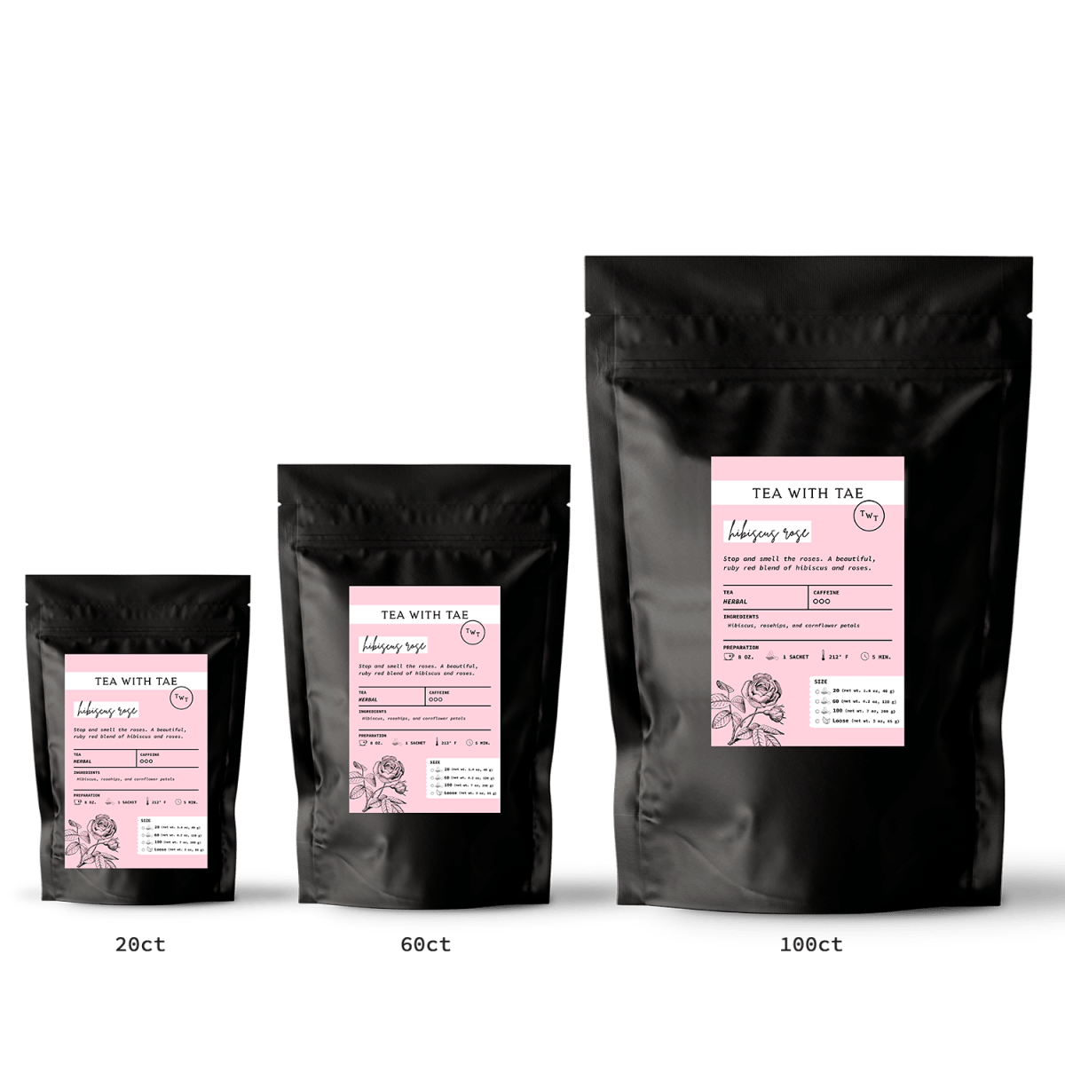 Tea with Tae Hibiscus Rose Pouch, a caffeine-free herbal tea blend with hibiscus, rosehips, and cornflower petals in eco-friendly sachets.