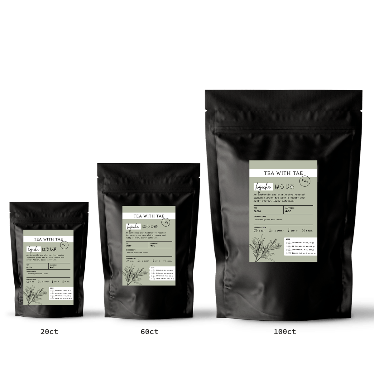 Tea with Tae Hojicha Pouch, eco-friendly tea pyramid sachets in a biodegradable packaging, featuring roasted Japanese green tea.