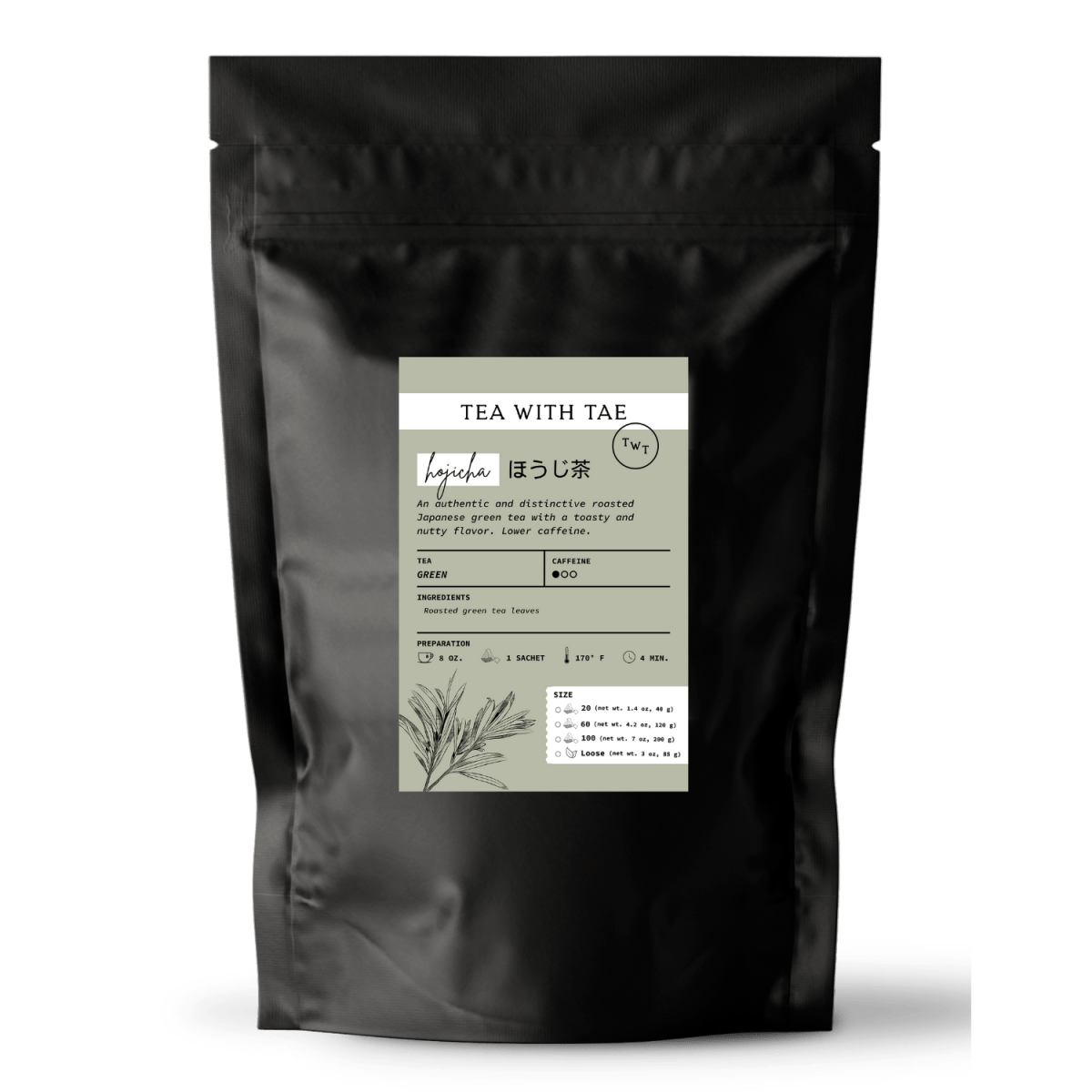 Tea with Tae Hojicha Pouch, a green tea pouch featuring roasted hojicha leaves, from vendor Tea with Tae.