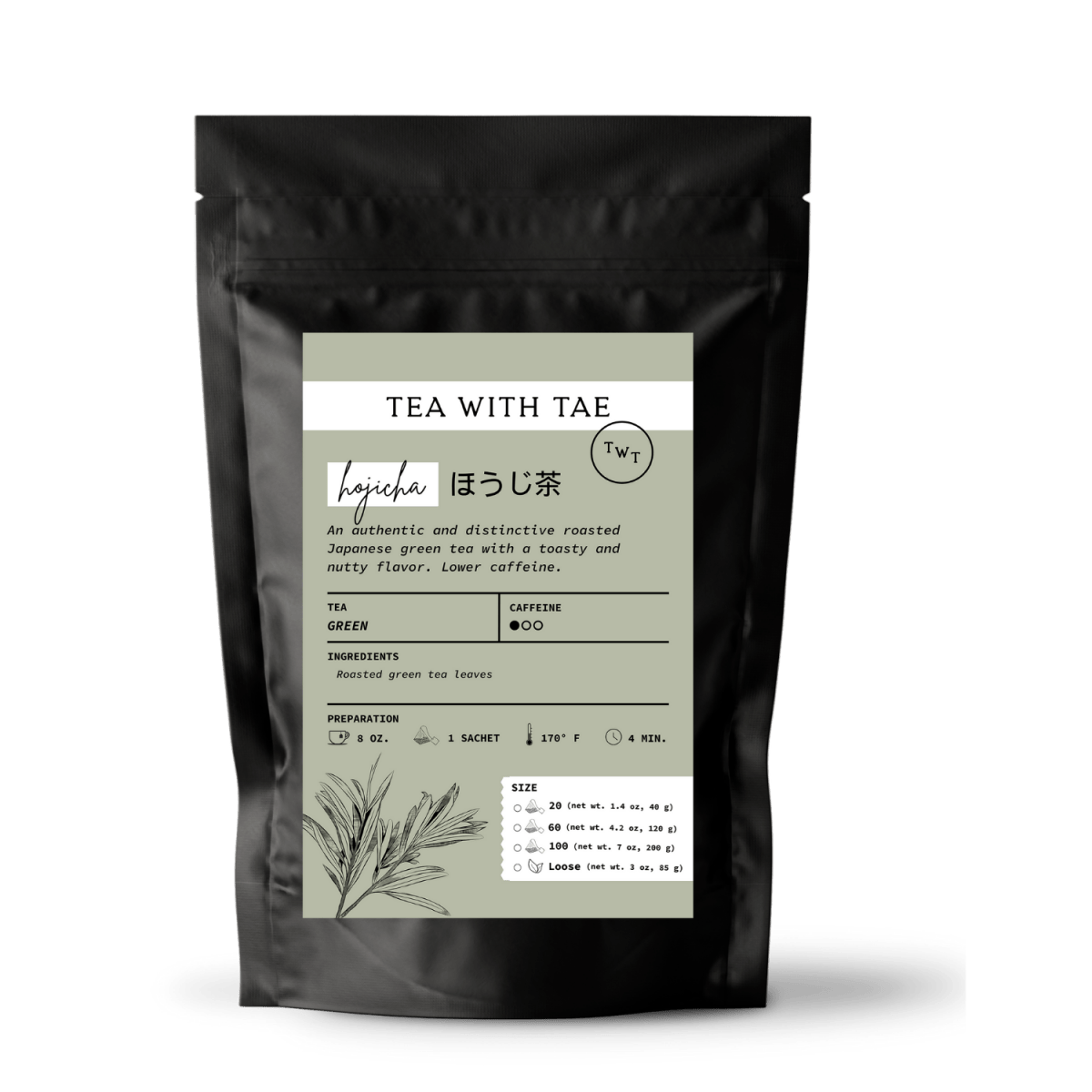 Tea with Tae Hojicha Pouch, a green tea pouch featuring hojicha leaves, displayed in a clear packaging.