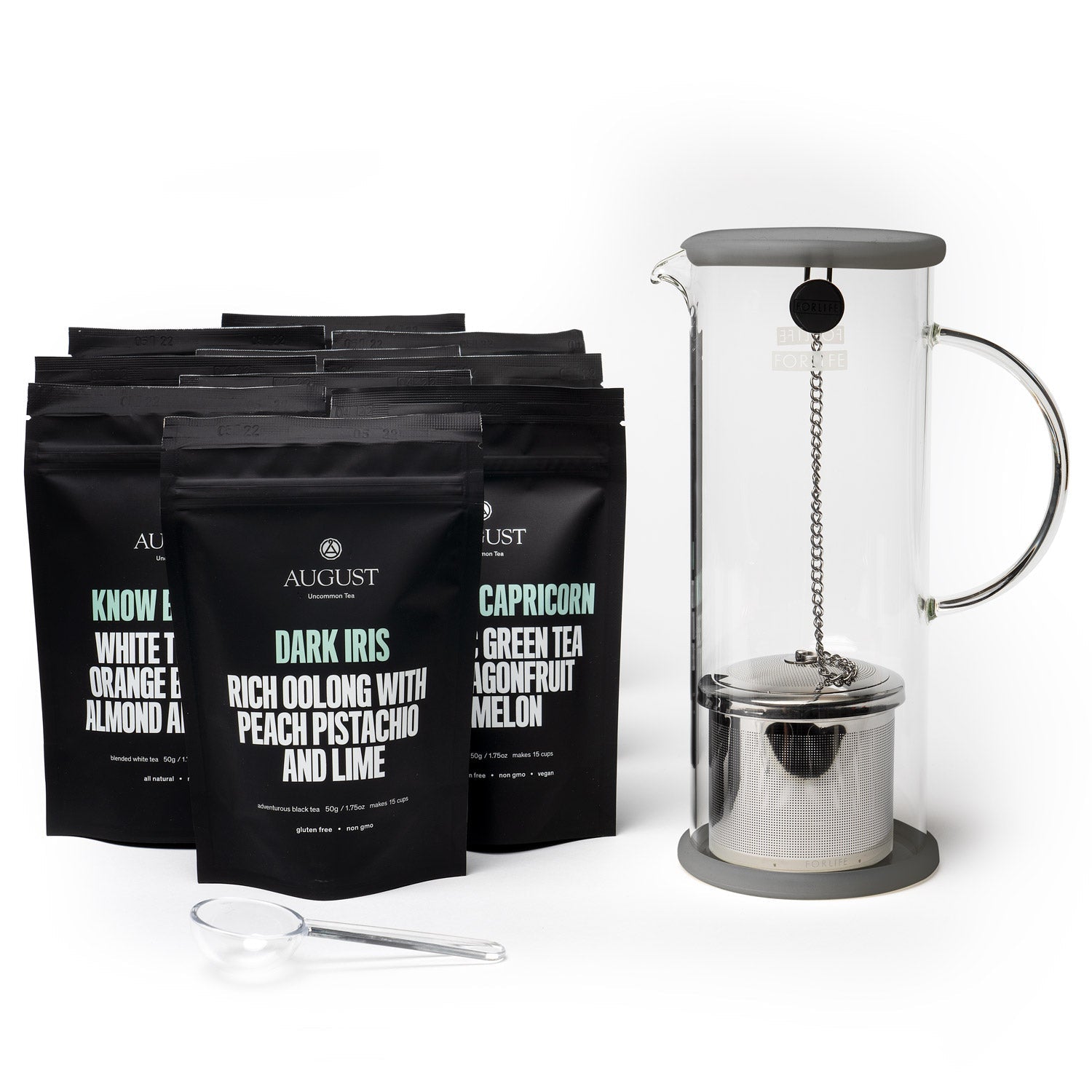 August Top 10 Iced Teas - Enjoy Ten Unique Iced Tea Flavors, includes 15 cup bags and an iced tea brewer in charcoal color.
