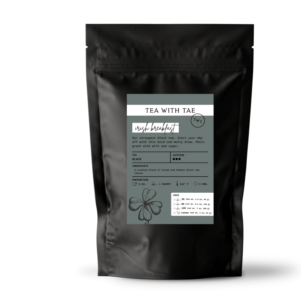 Tea with Tae Irish Breakfast Pouch, a tea bag packaging featuring a vibrant design, by Tea with Tae.