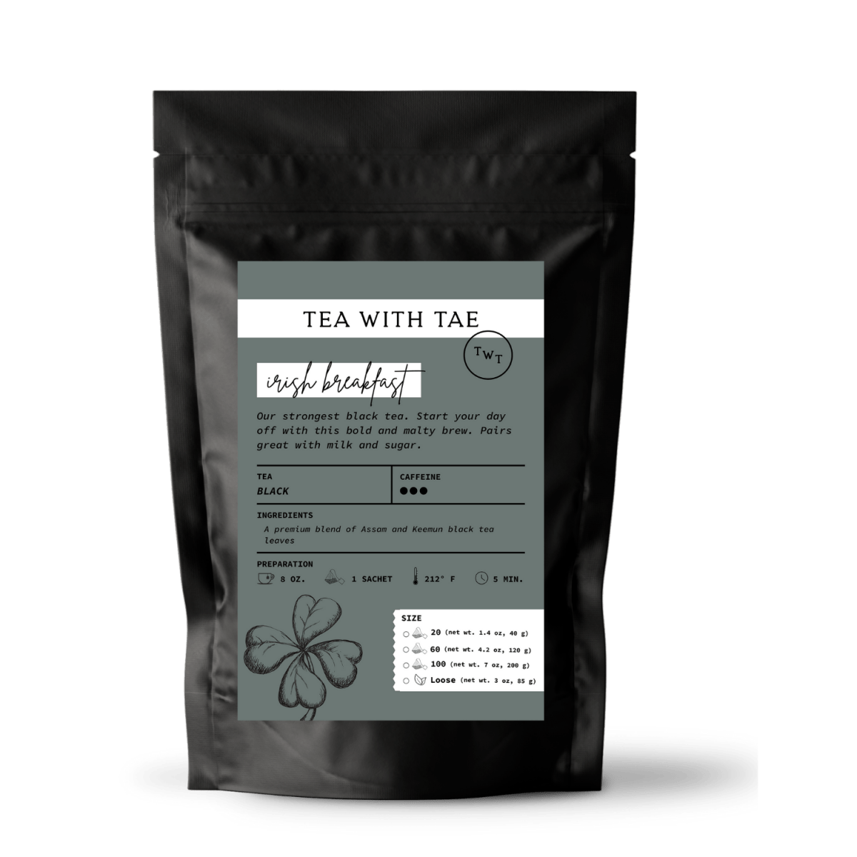 Tea with Tae Irish Breakfast Pouch featuring a tea pouch design, displayed on a white background