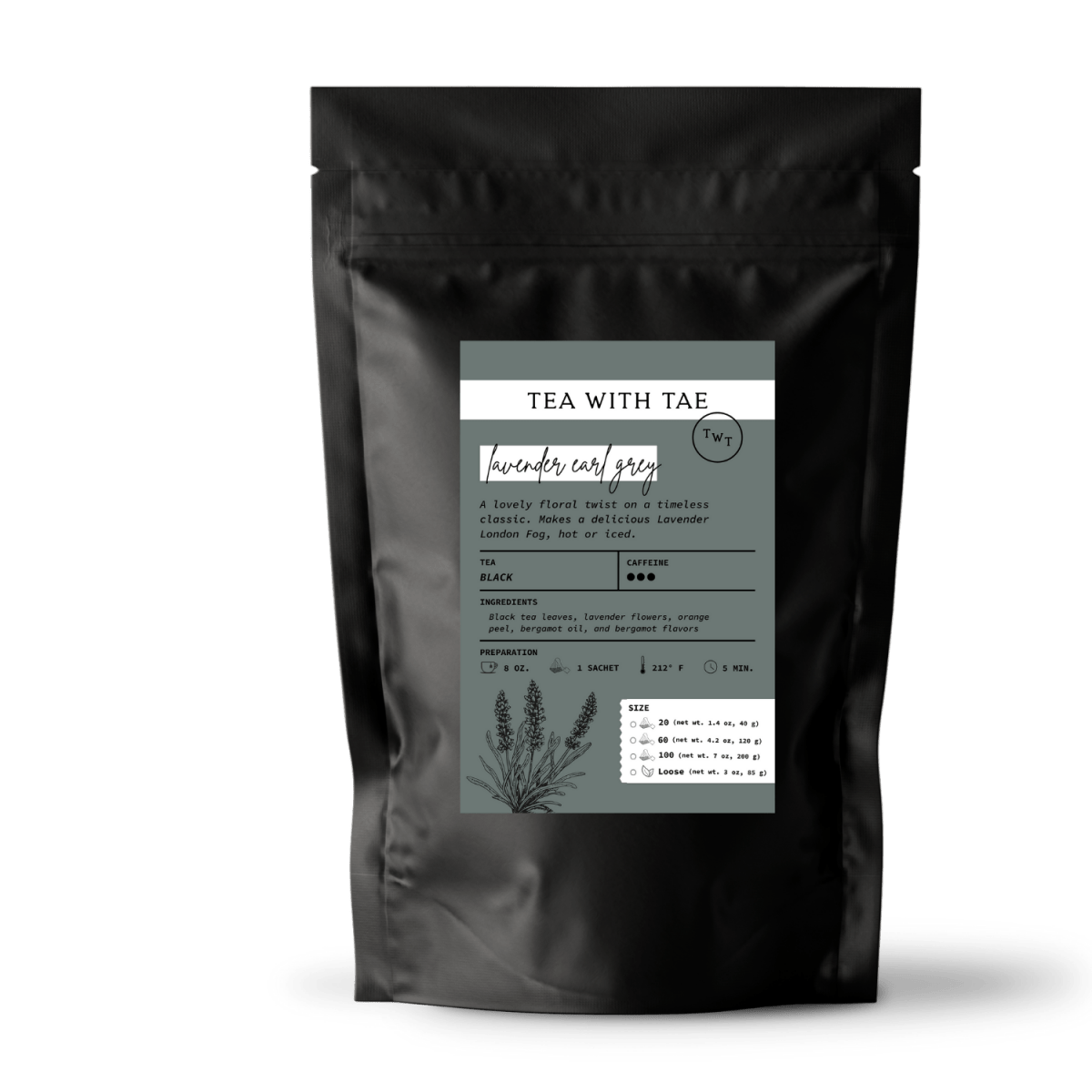 Tea with Tae Lavender Earl Grey Pouch, featuring a purple and silver pouch with tea leaves and lavender flowers inside.