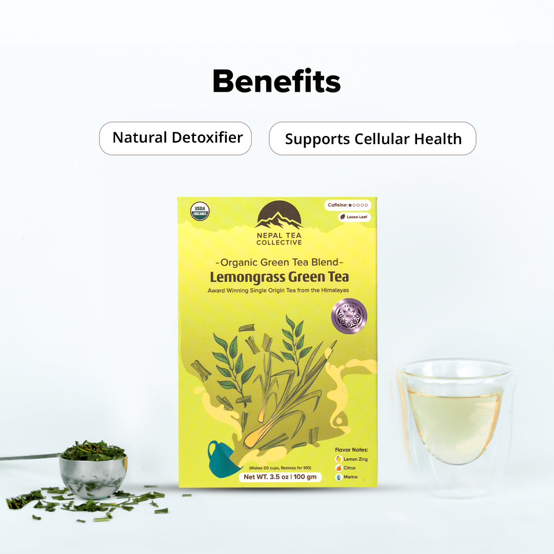Lemongrass Green Tea by Nepal Tea in a clear tea cup with vibrant green color and lemongrass leaves.
