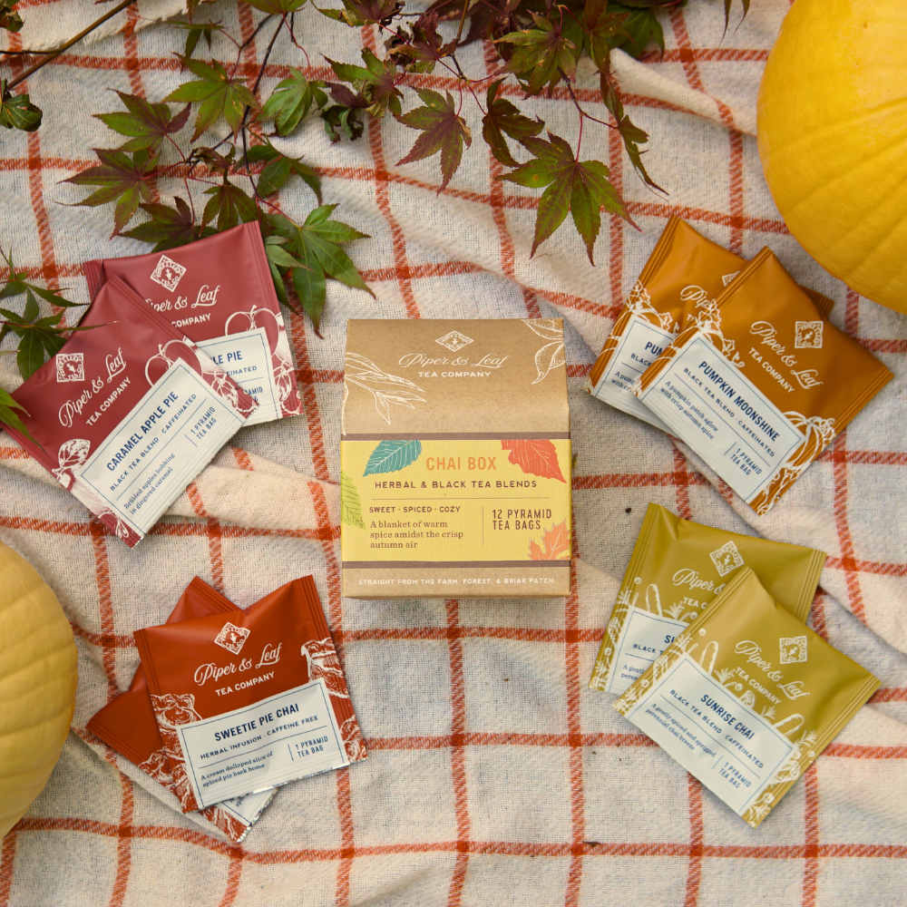 Piper and Leaf Chai Box- Box of 12 Tea Bags, featuring seasonal tea blends including Caramel Apple Pie and Pumpkin Moonshine.
