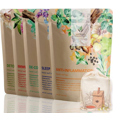 Gardenika Gardenika Loose Leaf Herbal Tea Gift Sampler, USDA Organic, Caffeine Free, 120+ Cups – 5 Pack, showcasing organic herbal tea blends.