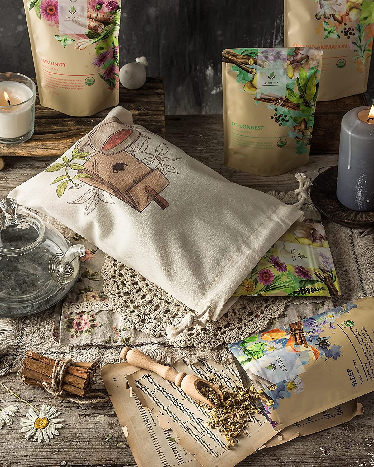 Gardenika Gardenika Loose Leaf Herbal Tea Gift Sampler, USDA Organic, Caffeine Free, 120+ Cups – 5 Pack displayed in a gift set.