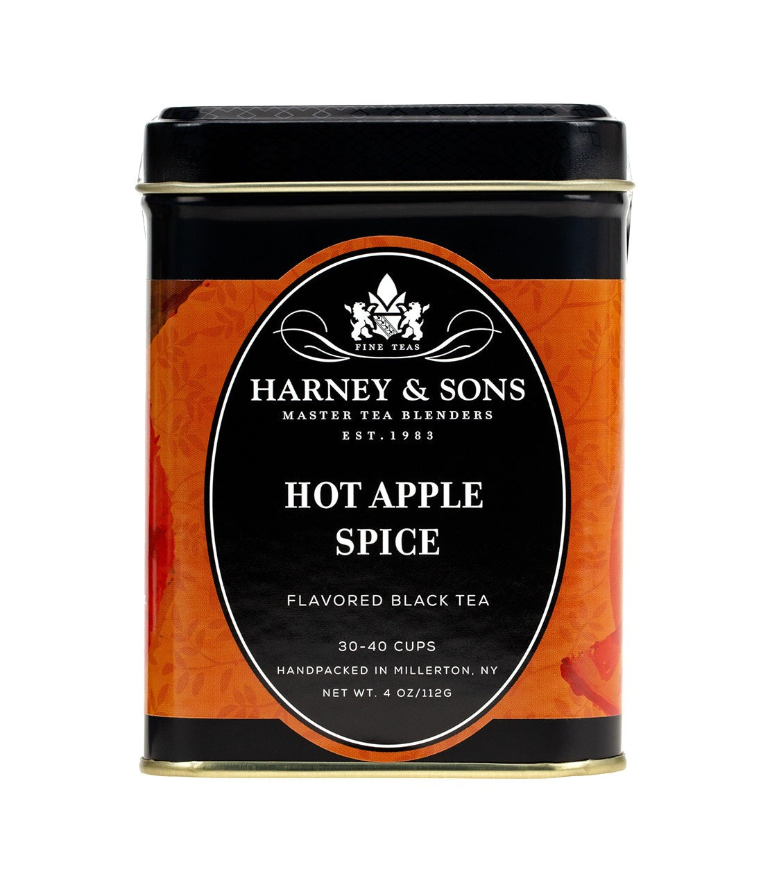 Harney & Sons Hot Apple Spice loose tea in a 4oz tin, displayed against a neutral background