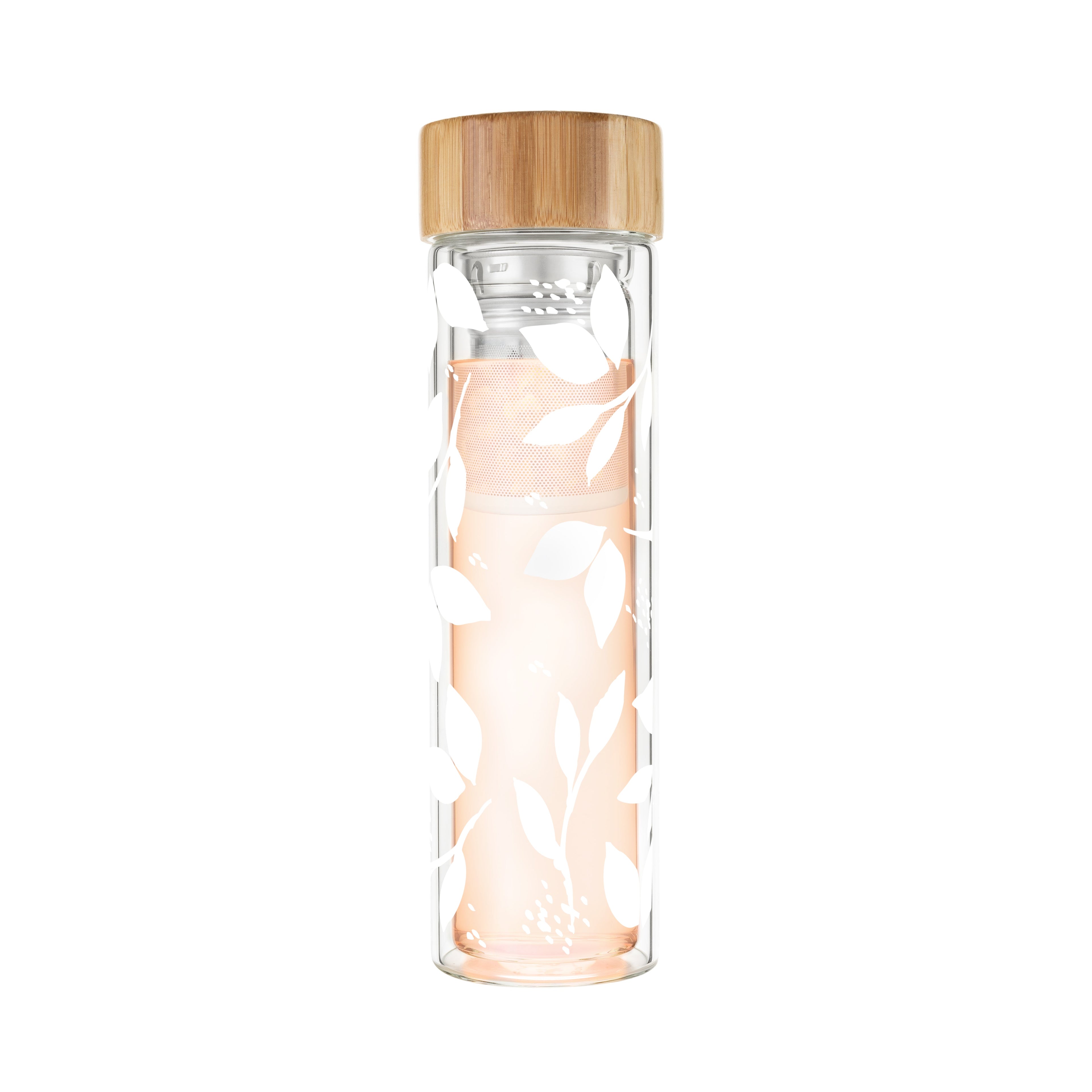Pinky Up Blair: White Leaf Pattern Glass Travel Infuser Mug, 16 oz double-walled borosilicate glass with detachable infuser.