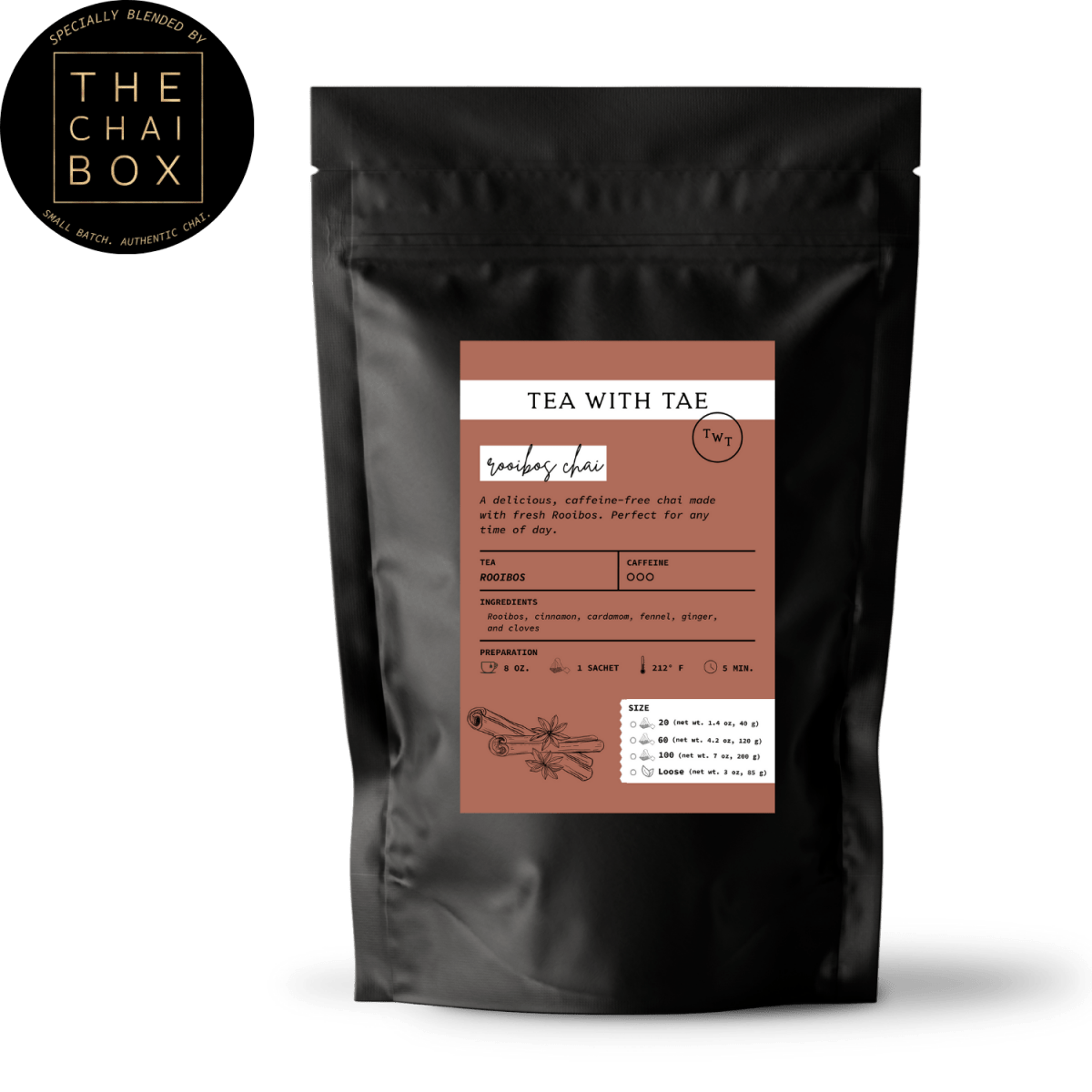 Tea with Tae Rooibos Chai Pouch, a red tea blend in a resealable pouch, shown in product packaging on a white background.