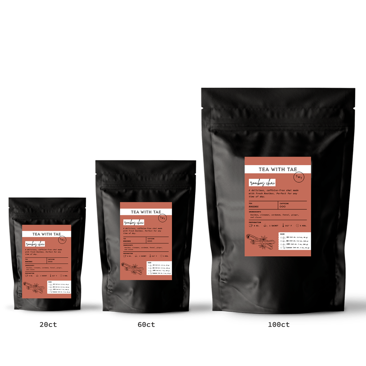 Tea with Tae Rooibos Chai Pouch featuring eco-friendly pyramid sachets, available in 20 ct., 60 ct., 100 ct., and loose leaf options.