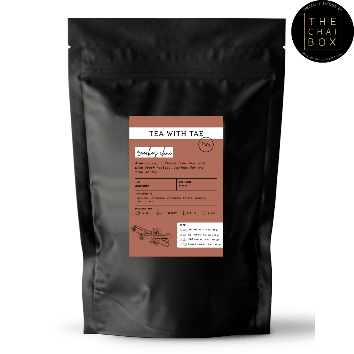 Tea with Tae Rooibos Chai Pouch featuring a red and white design, showcasing the herbal tea blend inside the pouch.