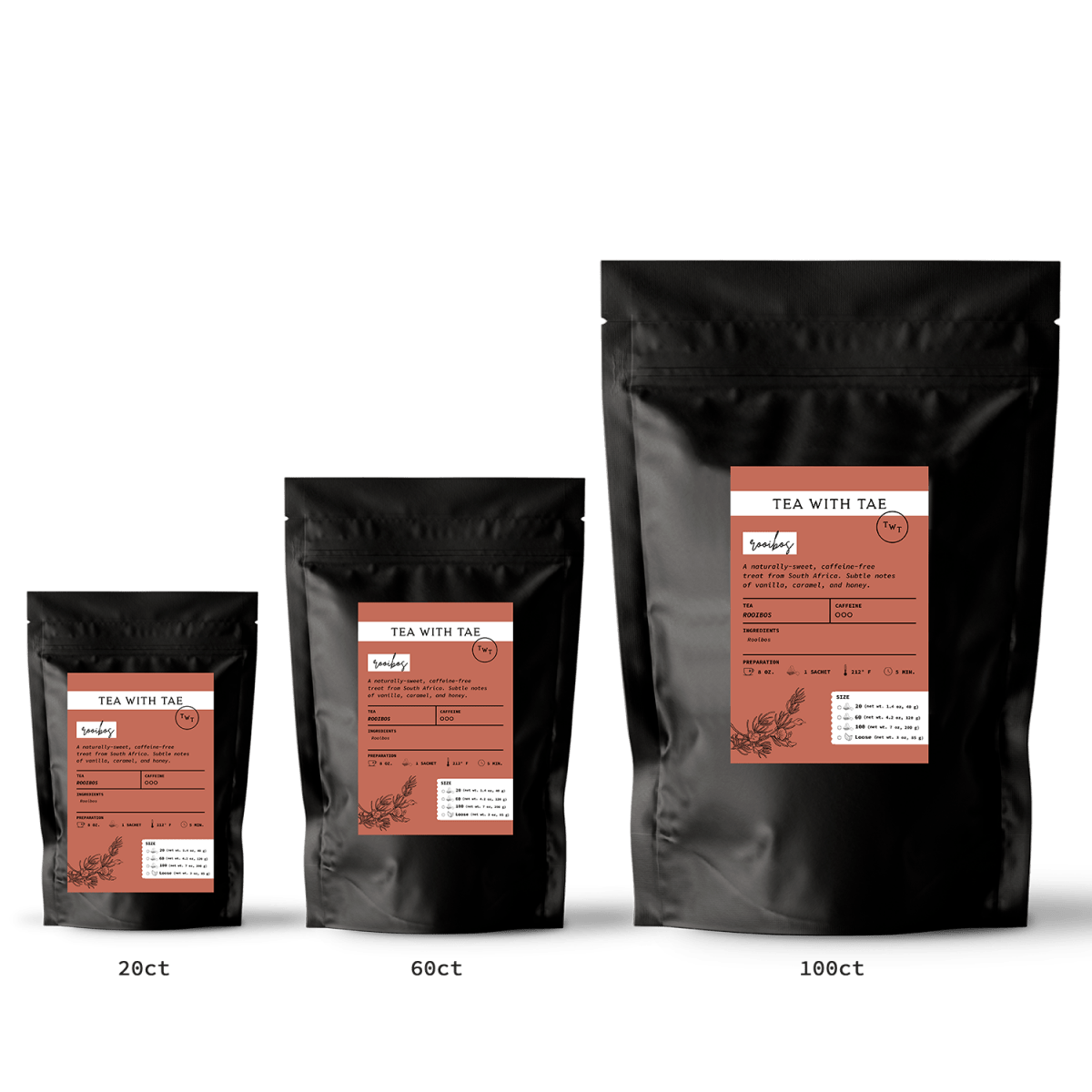 Tea with Tae Rooibos Pouch, a caffeine-free herbal red tea from South Africa, featuring eco-friendly pyramid sachets.