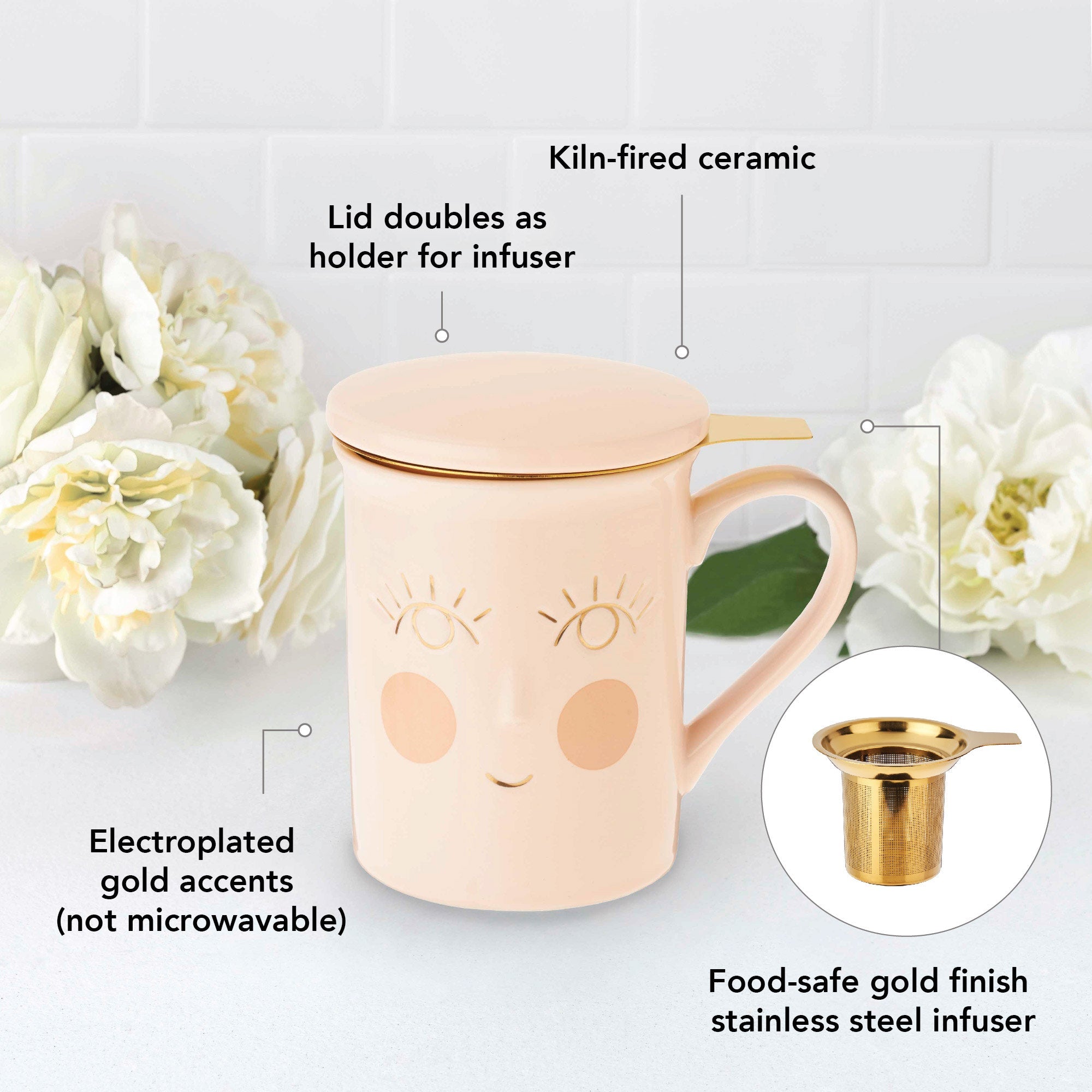 Pinky Up Annette: Hello Beautiful Ceramic Tea Mug & Infuser, featuring a pink ceramic mug with matching infuser.