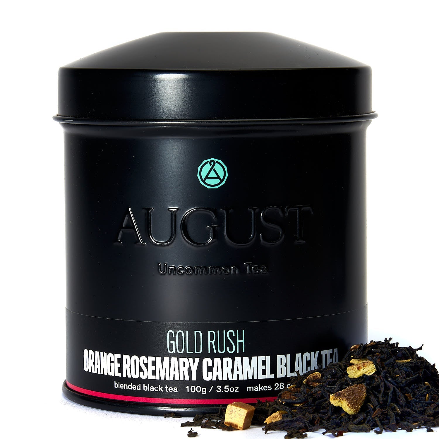 August Gold Rush - Orange Rosemary Caramel Black Tea by August, shown in a group shot with packaging.