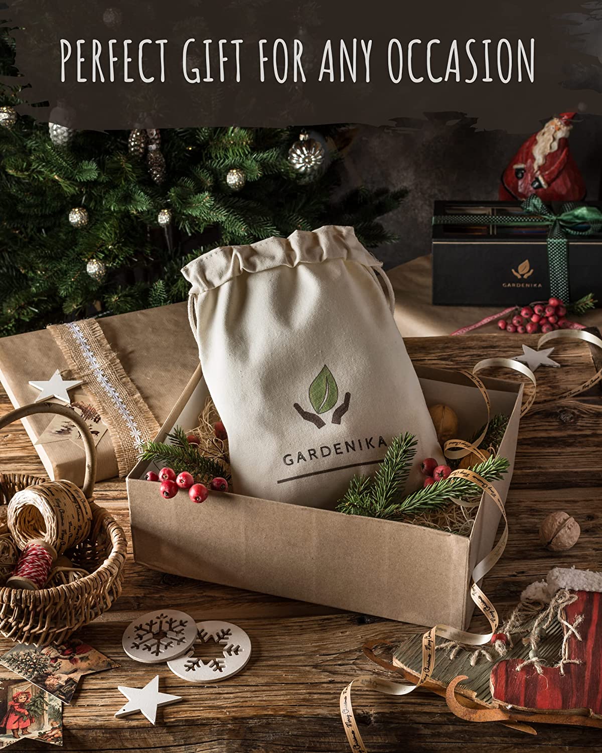 Gardenika Organic Loose Leaf Tea Sampler, Caffeine-Free Herbal Assortment, 120+ Cups – 5 Pack in packaging on a table.