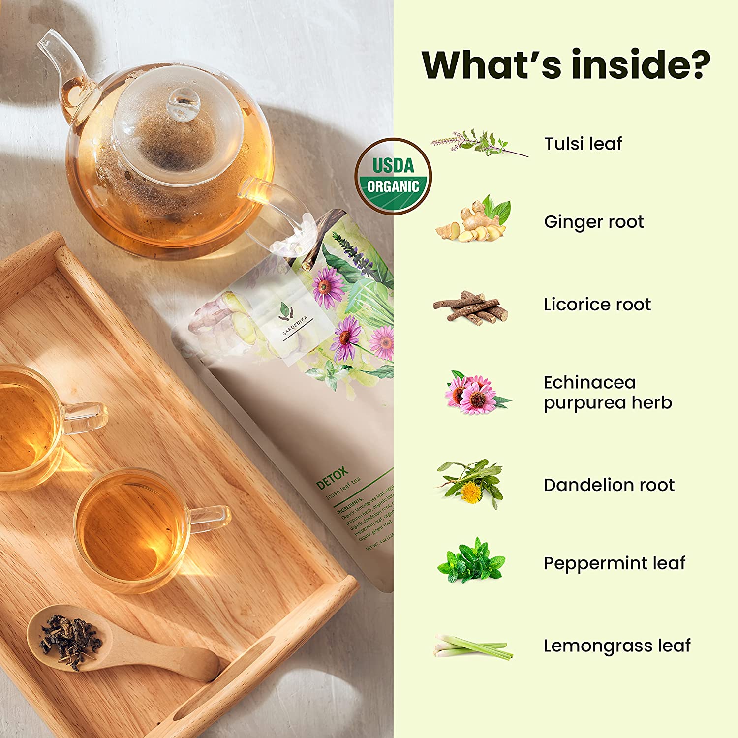 Gardenika Detox Loose Leaf Herbal Tea, USDA Organic, Kosher, Caffeine-Free - 4 oz (114g) in a clear package.