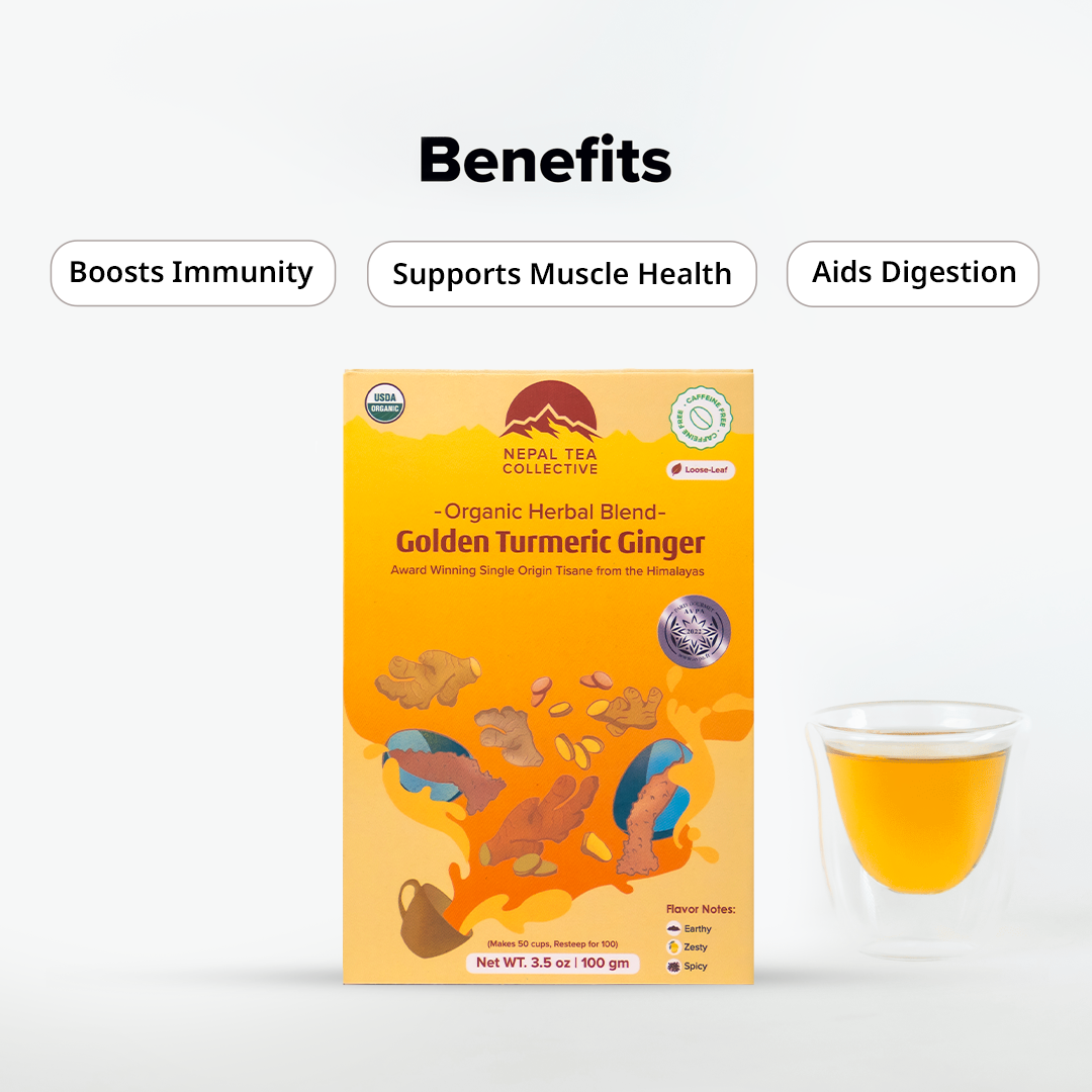 Golden Turmeric Ginger by Nepal Tea, showing a package of herbal tea with turmeric and ginger ingredients.