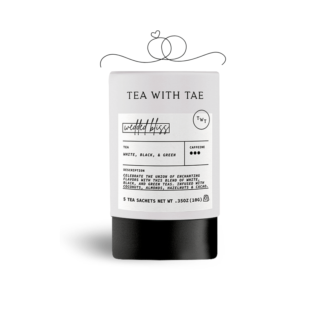 Tea with Tae Wedded Bliss Mini Tea Tube (5 tea bags) featuring eco-friendly sachets containing a blend of white, black, and green teas.