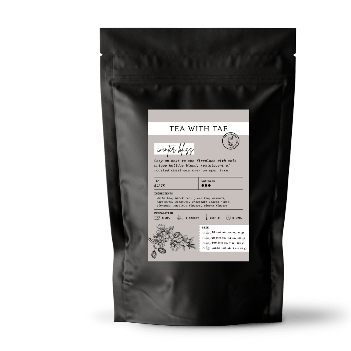 Tea with Tae Winter Bliss Pouch, a sealed pouch of herbal tea blend with winter spices and flavors, by Tea with Tae.