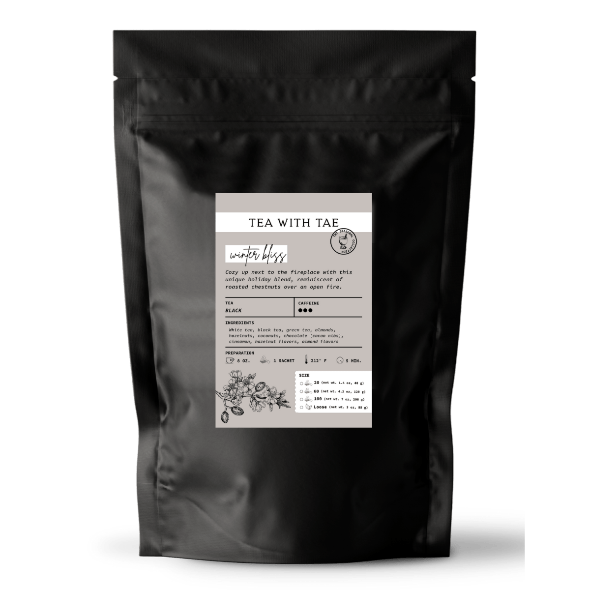 Tea with Tae Winter Bliss Pouch, a sealed pouch of herbal tea blend, featuring winter-themed packaging design.