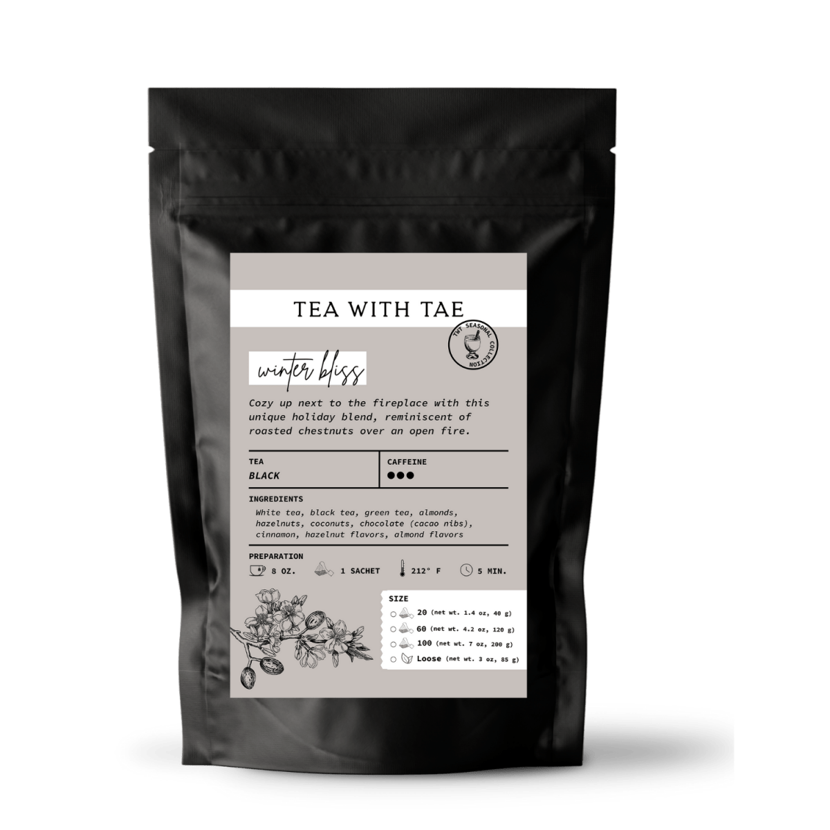 Tea with Tae Winter Bliss Pouch, a sealed pouch containing winter-themed tea blend, from Tea with Tae brand.
