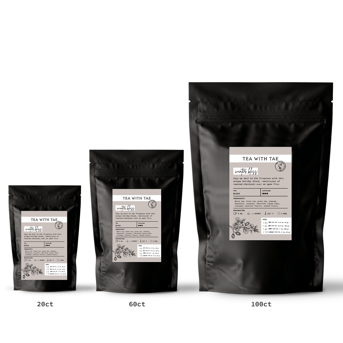 Tea with Tae Winter Bliss Pouch featuring 20, 60, and 100 ct. options, eco-friendly pyramid sachets, and whole-leaf tea blend.