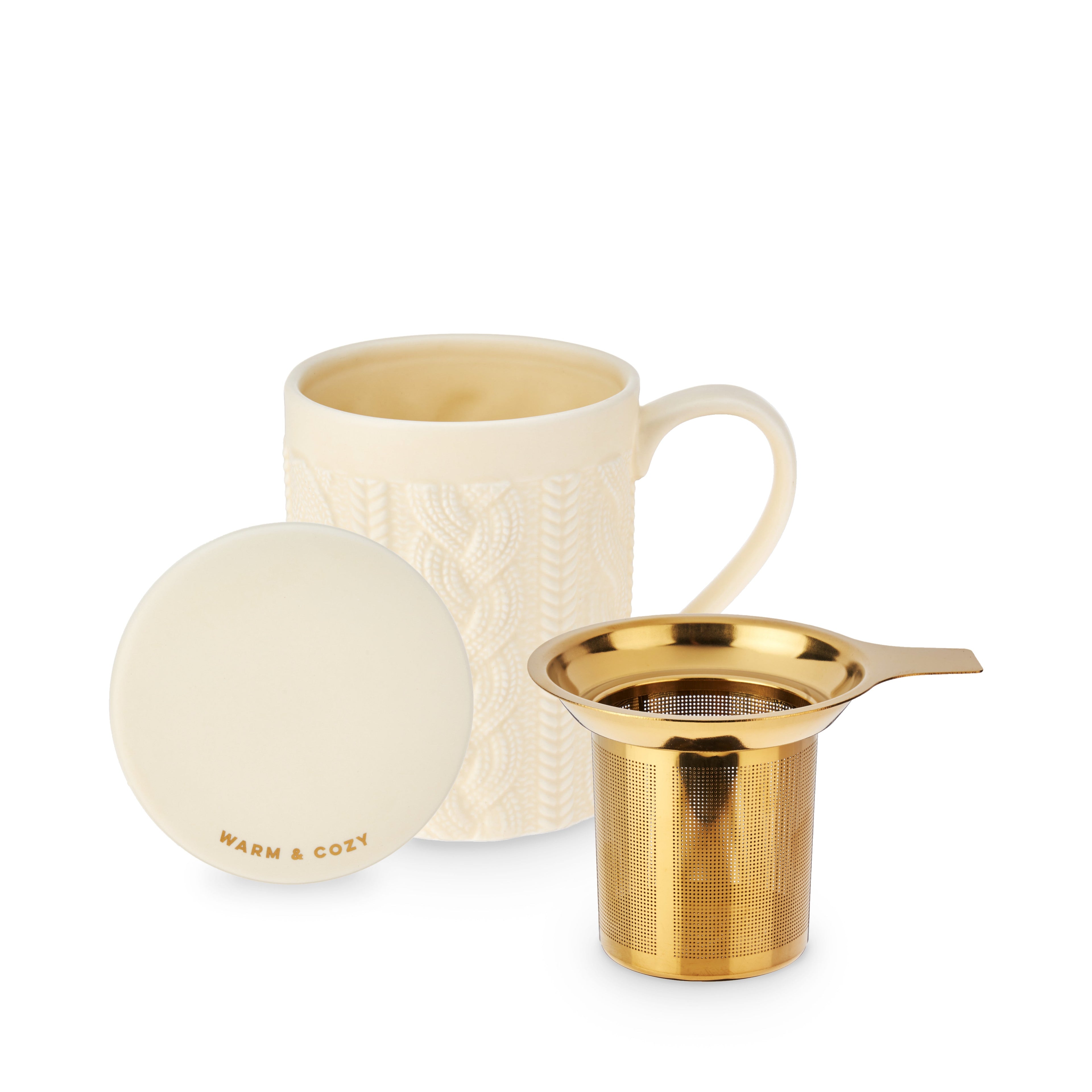 Pinky Up Annette Knit Ceramic Tea Mug & Infuser in pink with a knitted design, displayed on a neutral background.